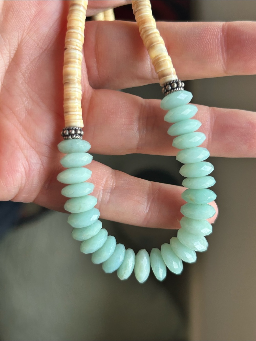 Vintage Sterling Silver Heishi Shell and Amazonite Necklace - Picture 5 of 16